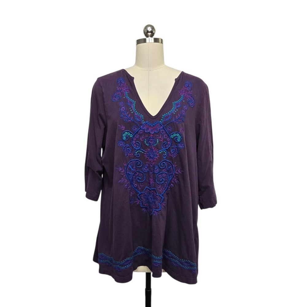 JWLA Johnny Was Purple Embroidered V-Neck Tunic Top 3/4 Sleeve Plus Size 2X
